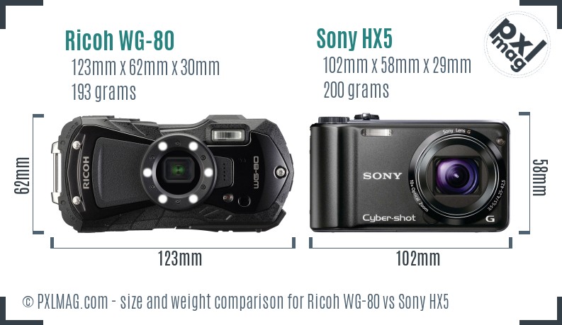 Ricoh WG-80 vs Sony HX5 size comparison Ricoh WG-80 vs Sony HX5 size comparison