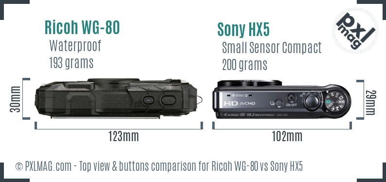 Ricoh WG-80 vs Sony HX5 top view buttons comparison