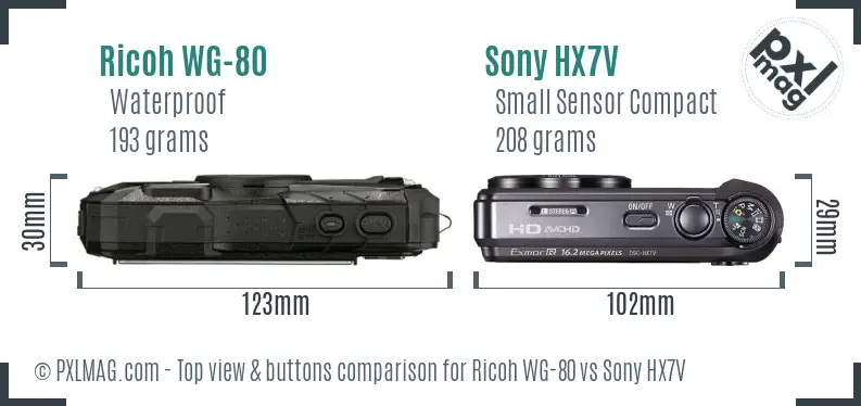 Ricoh WG-80 vs Sony HX7V top view buttons comparison Ricoh WG-80 vs Sony HX7V top view buttons comparison