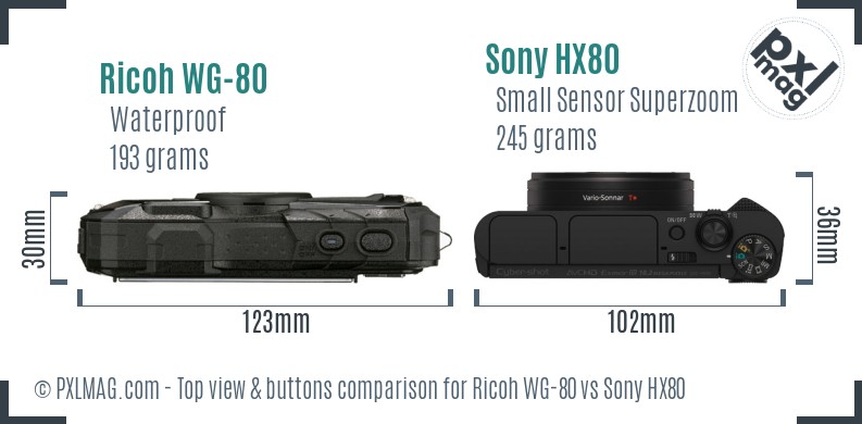Ricoh WG-80 vs Sony HX80 top view buttons comparison