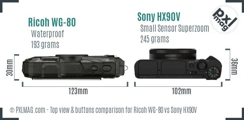 Ricoh WG-80 vs Sony HX90V top view buttons comparison Ricoh WG-80 vs Sony HX90V top view buttons comparison
