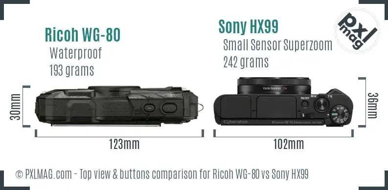 Ricoh WG-80 vs Sony HX99 top view buttons comparison