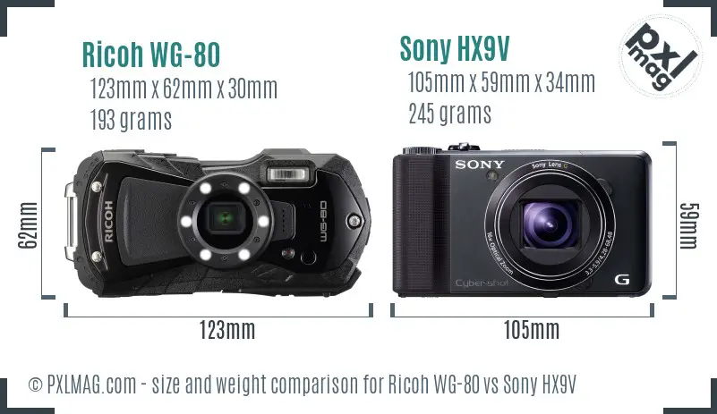 Ricoh WG-80 vs Sony HX9V size comparison Ricoh WG-80 vs Sony HX9V size comparison