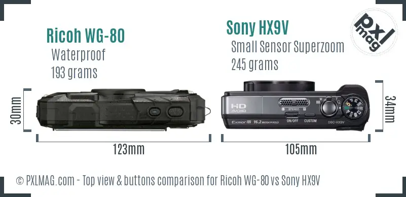 Ricoh WG-80 vs Sony HX9V top view buttons comparison Ricoh WG-80 vs Sony HX9V top view buttons comparison