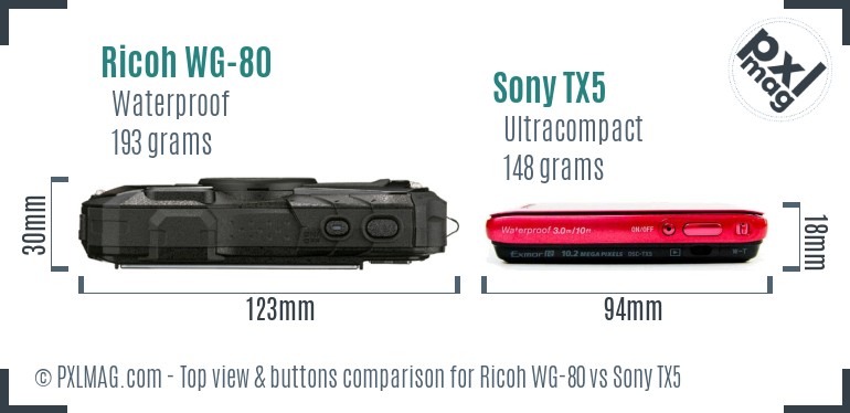 Ricoh WG-80 vs Sony TX5 top view buttons comparison