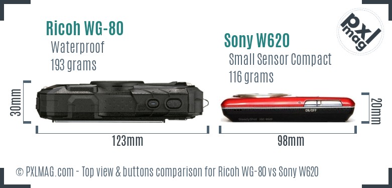 Ricoh WG-80 vs Sony W620 top view buttons comparison