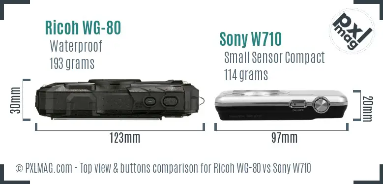 Ricoh WG-80 vs Sony W710 top view buttons comparison Ricoh WG-80 vs Sony W710 top view buttons comparison