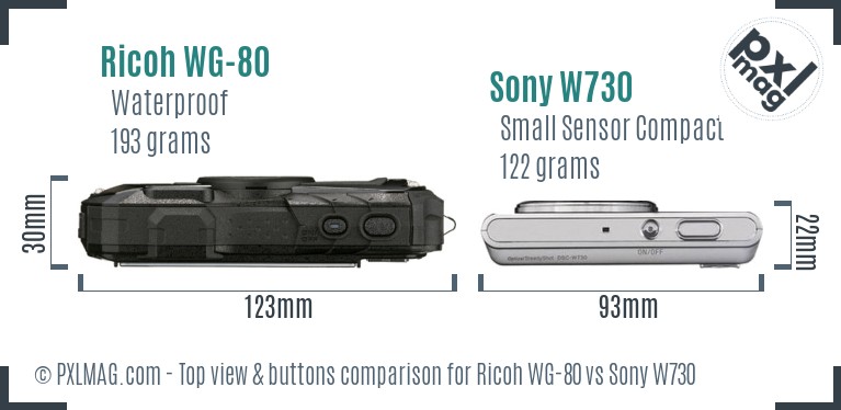 Ricoh WG-80 vs Sony W730 top view buttons comparison