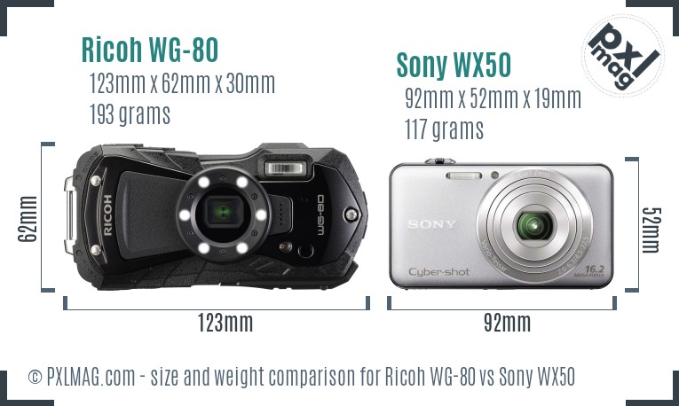 Ricoh WG-80 vs Sony WX50 size comparison