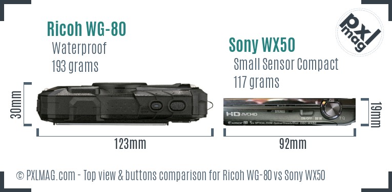 Ricoh WG-80 vs Sony WX50 top view buttons comparison
