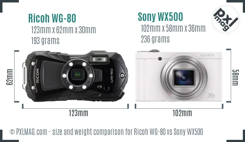 Ricoh WG-80 vs Sony WX500 size comparison Ricoh WG-80 vs Sony WX500 size comparison