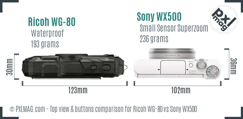 Ricoh WG-80 vs Sony WX500 top view buttons comparison Ricoh WG-80 vs Sony WX500 top view buttons comparison
