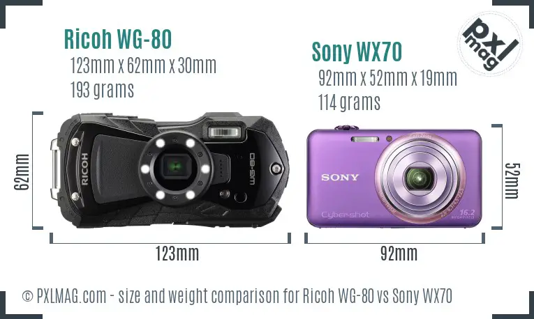 Ricoh WG-80 vs Sony WX70 size comparison