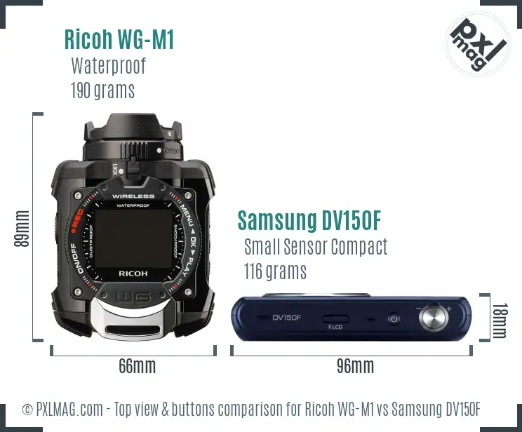 Ricoh WG-M1 vs Samsung DV150F top view buttons comparison