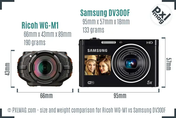 Ricoh WG-M1 vs Samsung DV300F size comparison