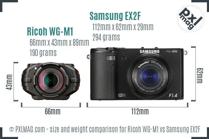 Ricoh WG-M1 vs Samsung EX2F size comparison