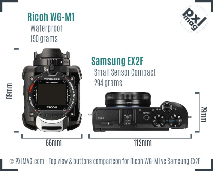 Ricoh WG-M1 vs Samsung EX2F top view buttons comparison