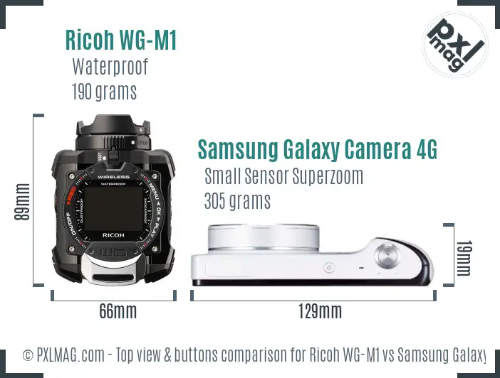 Ricoh WG-M1 vs Samsung Galaxy Camera 4G top view buttons comparison