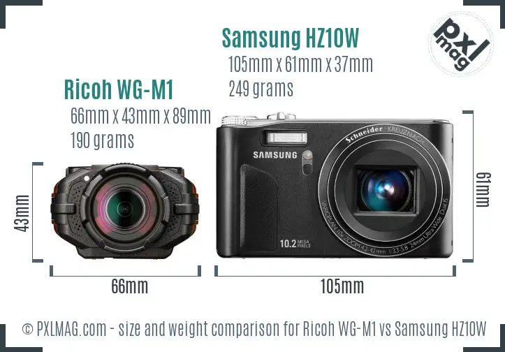 Ricoh WG-M1 vs Samsung HZ10W size comparison