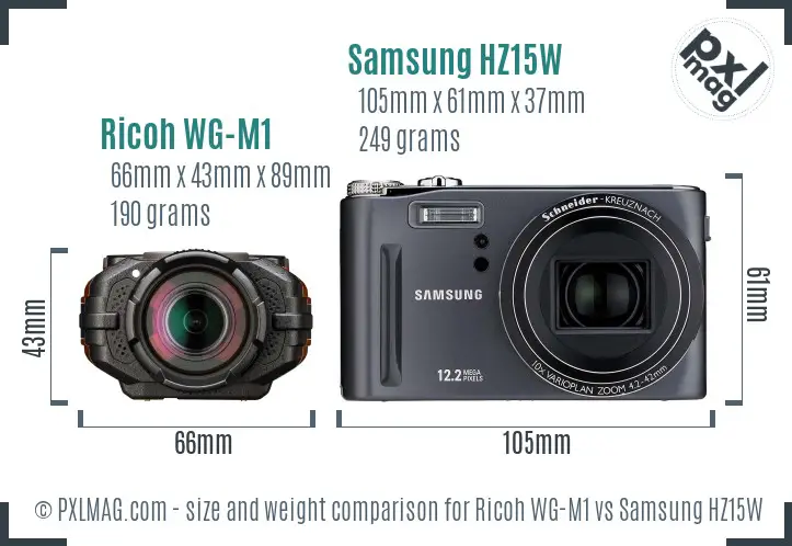 Ricoh WG-M1 vs Samsung HZ15W size comparison