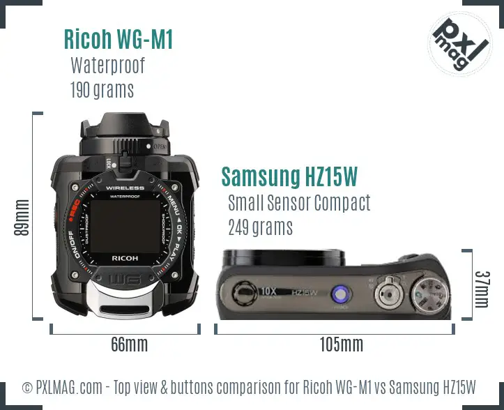 Ricoh WG-M1 vs Samsung HZ15W top view buttons comparison