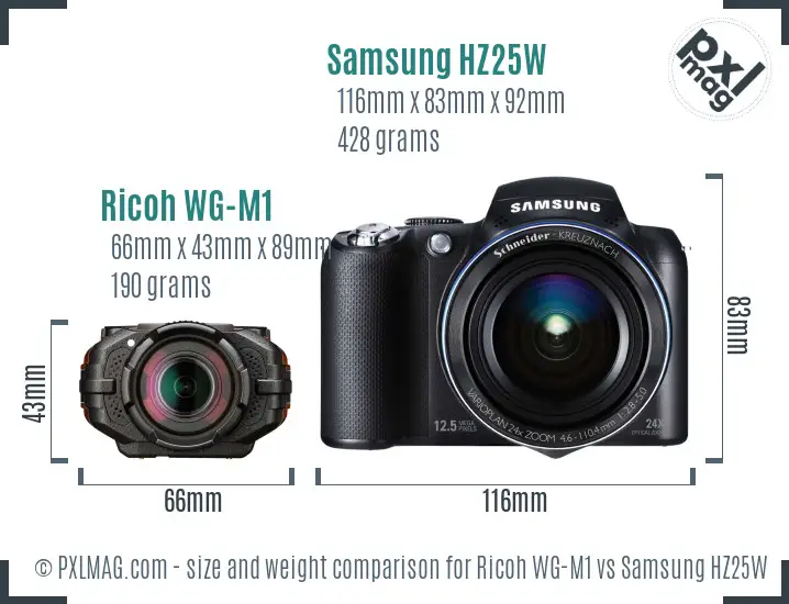 Ricoh WG-M1 vs Samsung HZ25W size comparison