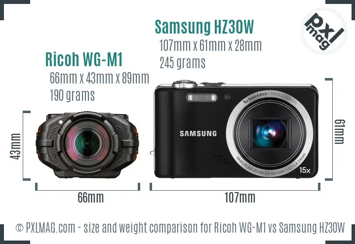 Ricoh WG-M1 vs Samsung HZ30W size comparison