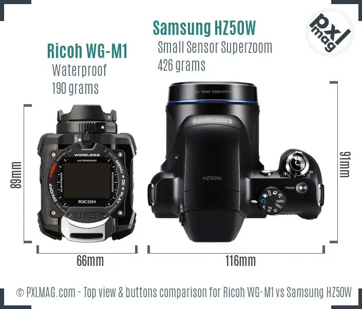 Ricoh WG-M1 vs Samsung HZ50W top view buttons comparison