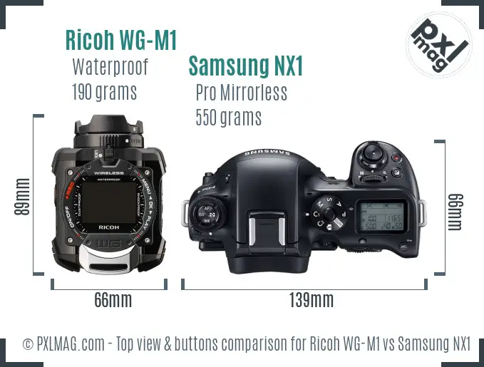 Ricoh WG-M1 vs Samsung NX1 top view buttons comparison