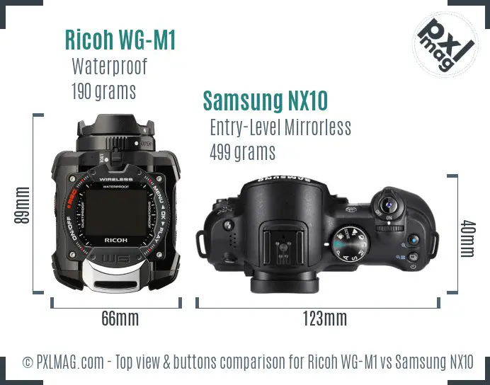 Ricoh WG-M1 vs Samsung NX10 top view buttons comparison