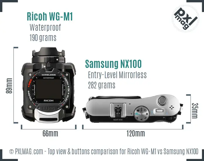 Ricoh WG-M1 vs Samsung NX100 top view buttons comparison
