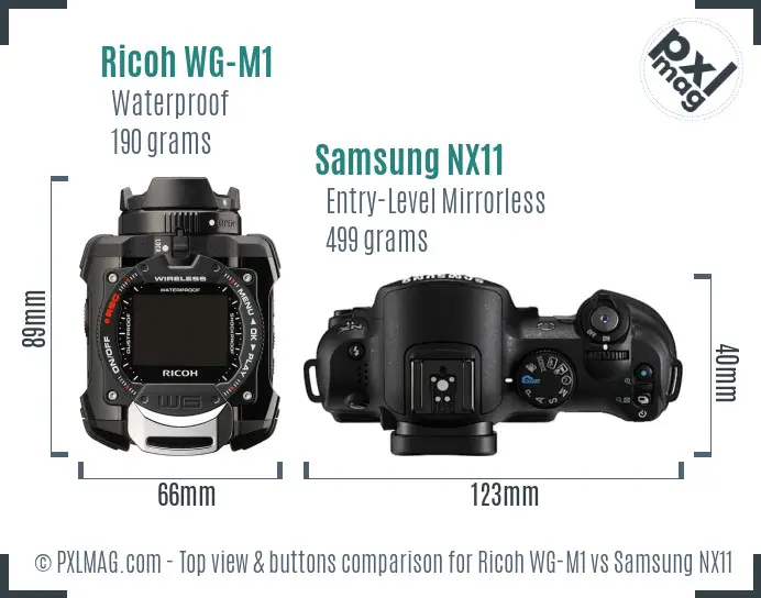 Ricoh WG-M1 vs Samsung NX11 top view buttons comparison