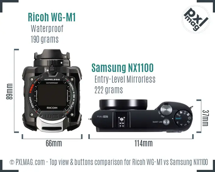 Ricoh WG-M1 vs Samsung NX1100 top view buttons comparison