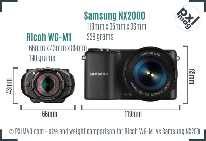 Ricoh WG-M1 vs Samsung NX2000 size comparison