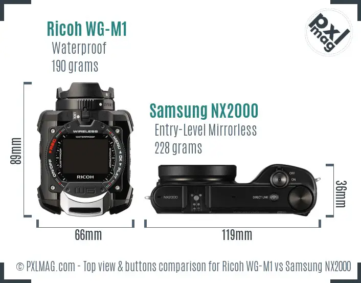 Ricoh WG-M1 vs Samsung NX2000 top view buttons comparison