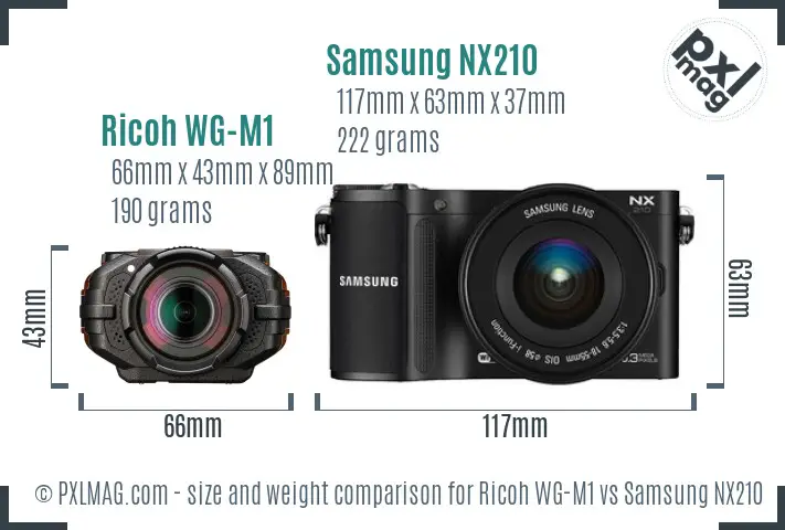 Ricoh WG-M1 vs Samsung NX210 size comparison