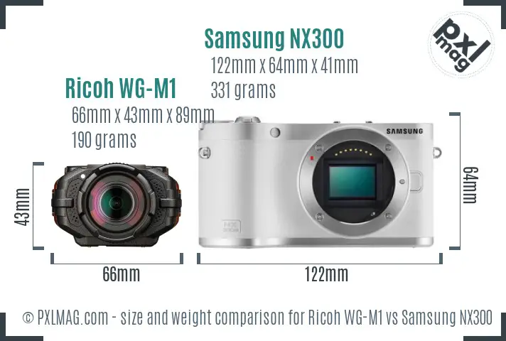 Ricoh WG-M1 vs Samsung NX300 size comparison