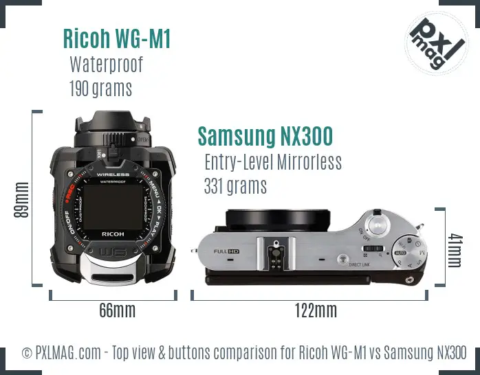 Ricoh WG-M1 vs Samsung NX300 top view buttons comparison