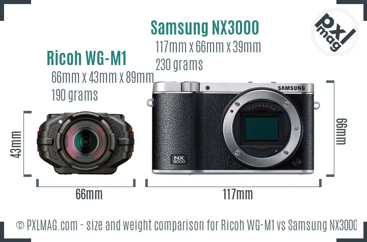 Ricoh WG-M1 vs Samsung NX3000 size comparison