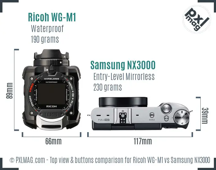Ricoh WG-M1 vs Samsung NX3000 top view buttons comparison
