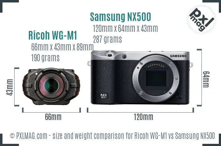 Ricoh WG-M1 vs Samsung NX500 size comparison