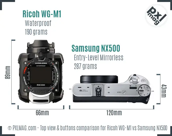 Ricoh WG-M1 vs Samsung NX500 top view buttons comparison