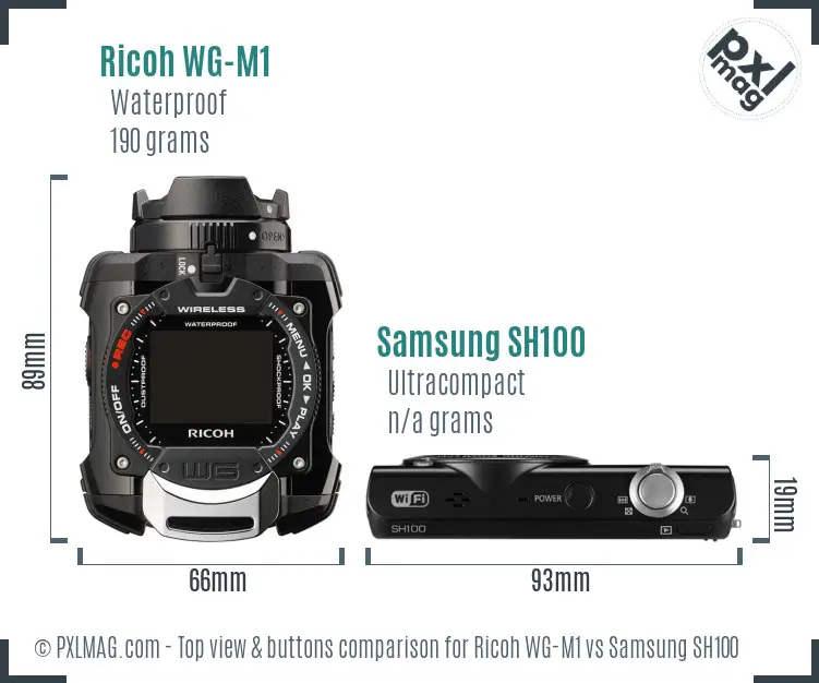 Ricoh WG-M1 vs Samsung SH100 top view buttons comparison