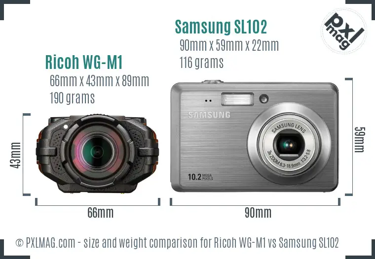 Ricoh WG-M1 vs Samsung SL102 size comparison