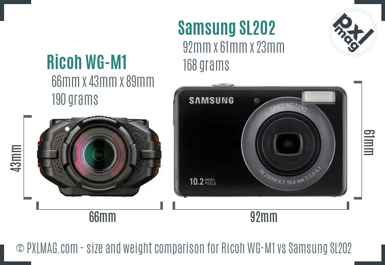 Ricoh WG-M1 vs Samsung SL202 size comparison