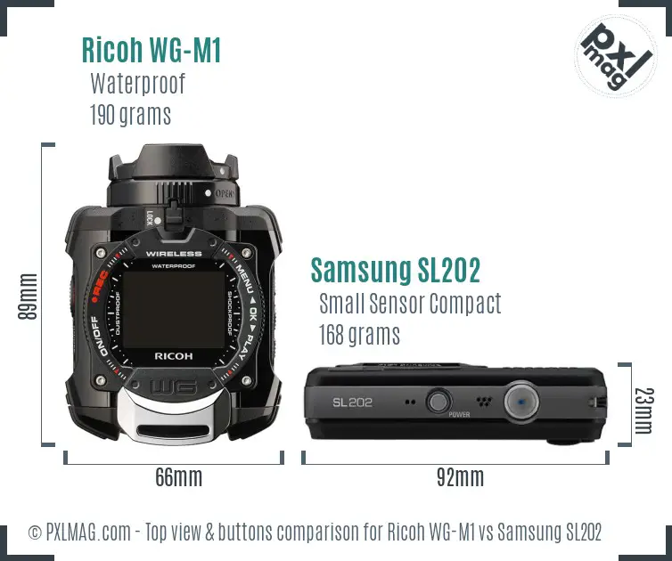 Ricoh WG-M1 vs Samsung SL202 top view buttons comparison
