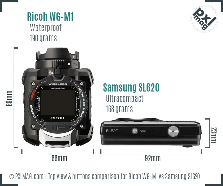 Ricoh WG-M1 vs Samsung SL620 top view buttons comparison