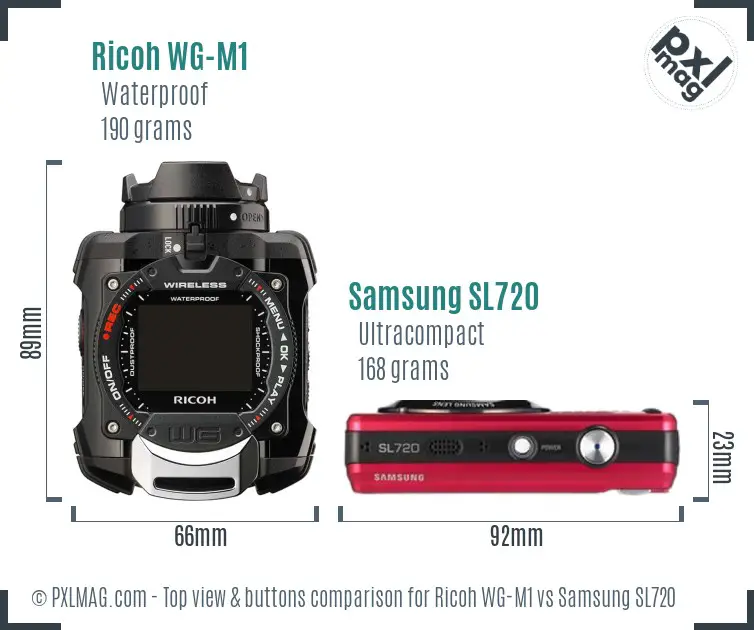 Ricoh WG-M1 vs Samsung SL720 top view buttons comparison