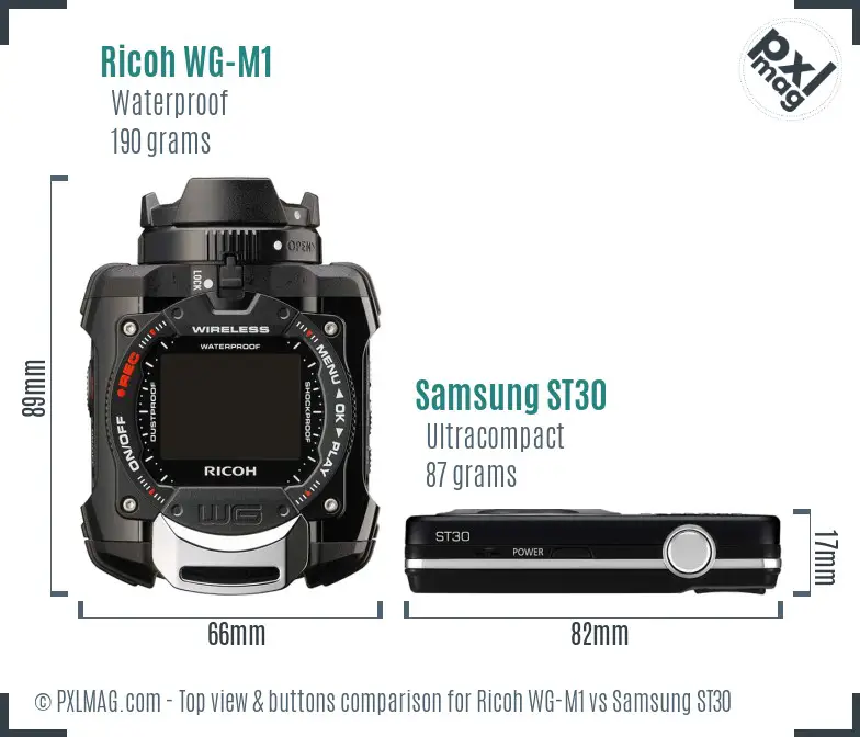 Ricoh WG-M1 vs Samsung ST30 top view buttons comparison