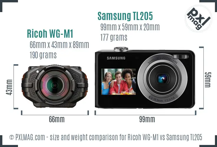 Ricoh WG-M1 vs Samsung TL205 size comparison